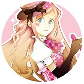 ピンクを基調に、リボンの帽子をかぶった金髪の少女を描いた円形のプロフィールアイコン