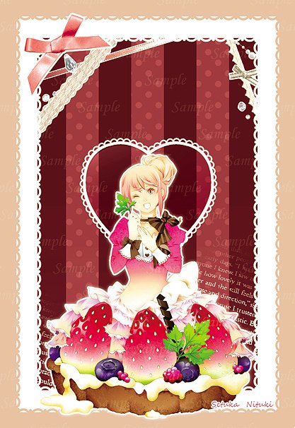 ハート型の縁取りの中、いちごタルトを手にした女性のポストカードイラスト