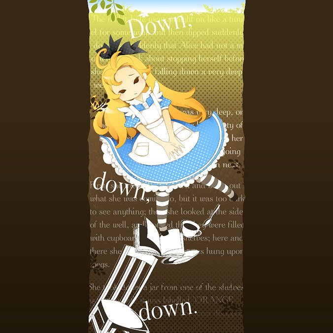 井戸の中を落下していく金髪の少女、周囲に英文の物語文が重なる構図